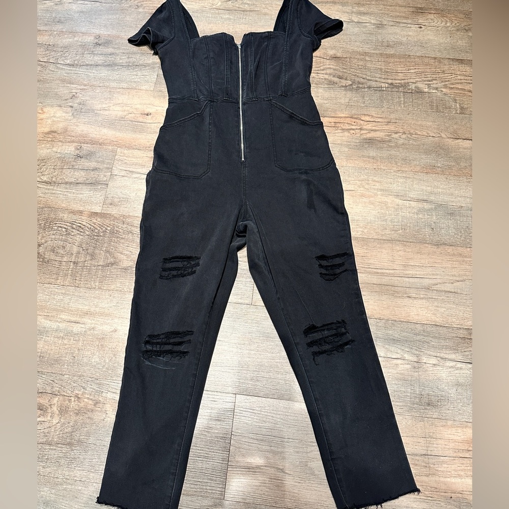 FREE PEOPLE CRVY DESTROYED Selena Slim Leg One-PiecE LARGE